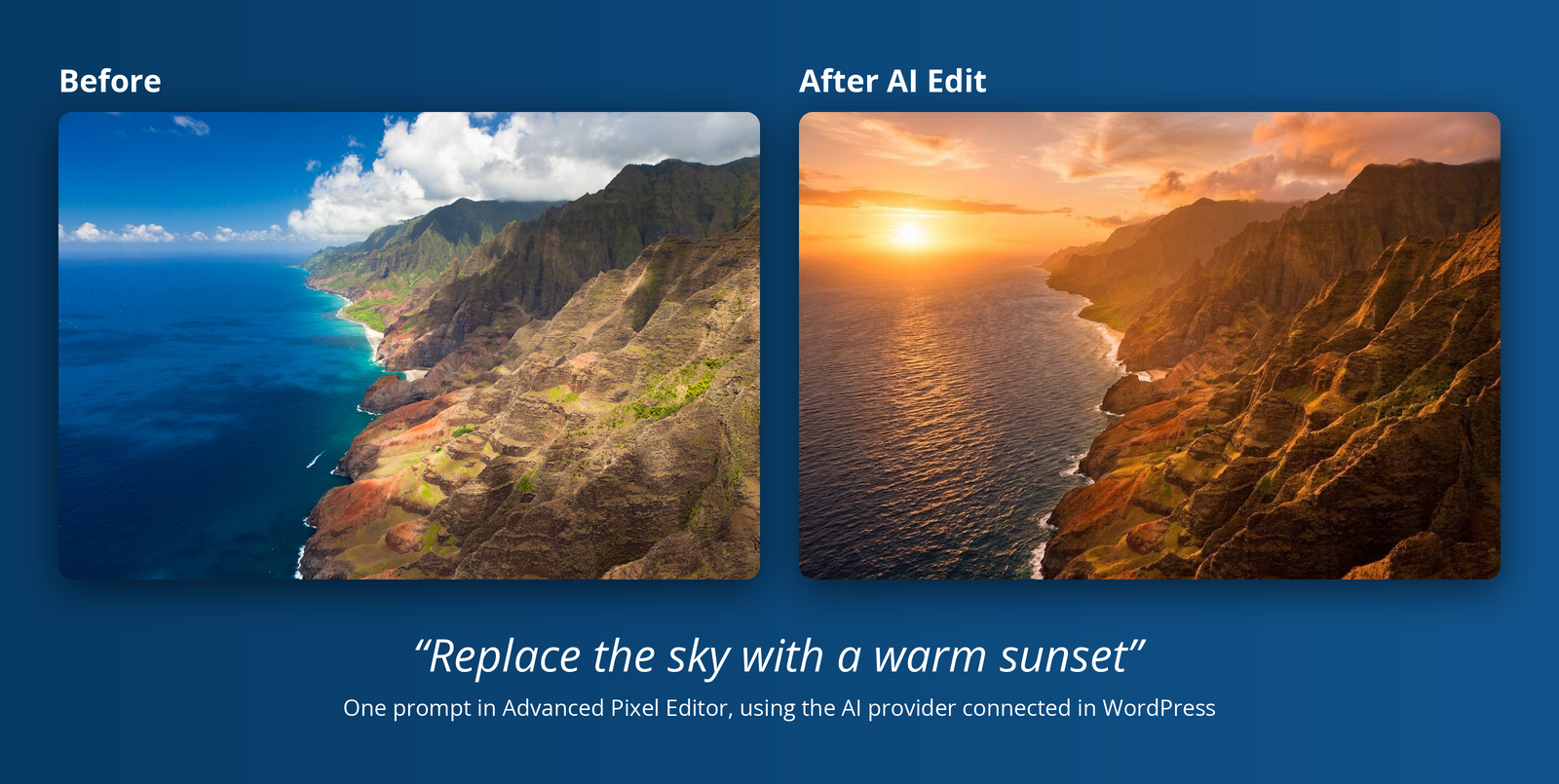 Advanced Pixel Editor 2 AI Edit before and after: Replace the sky with a warm sunset
