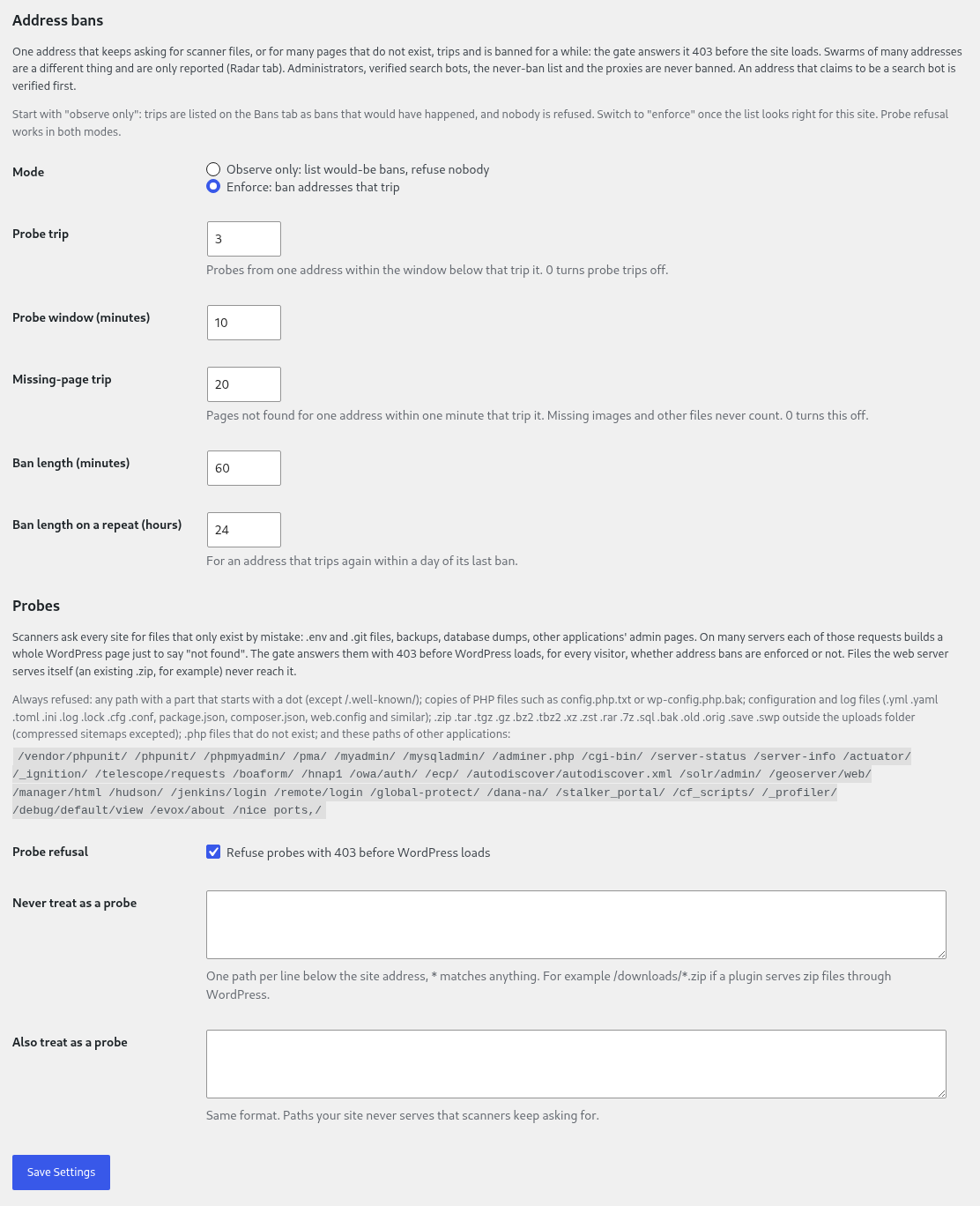 Bot Storm Radar 7 Bot Storm Radar, the address ban and probe settings