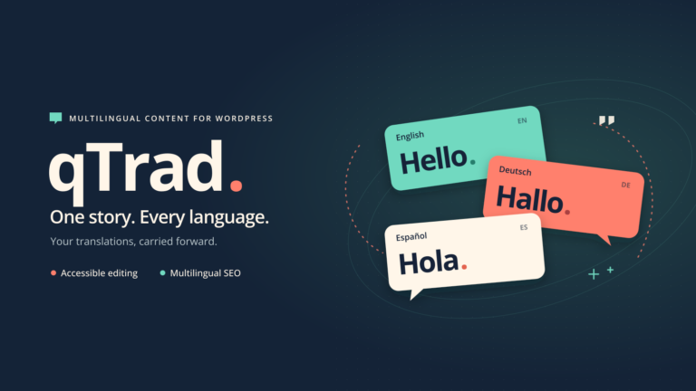 qTrad. One story. Every language. Conversation cards saying Hello, Hallo and Hola.