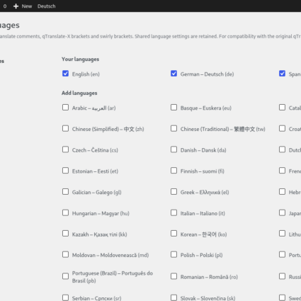 qTrad, Settings > Languages with the language list