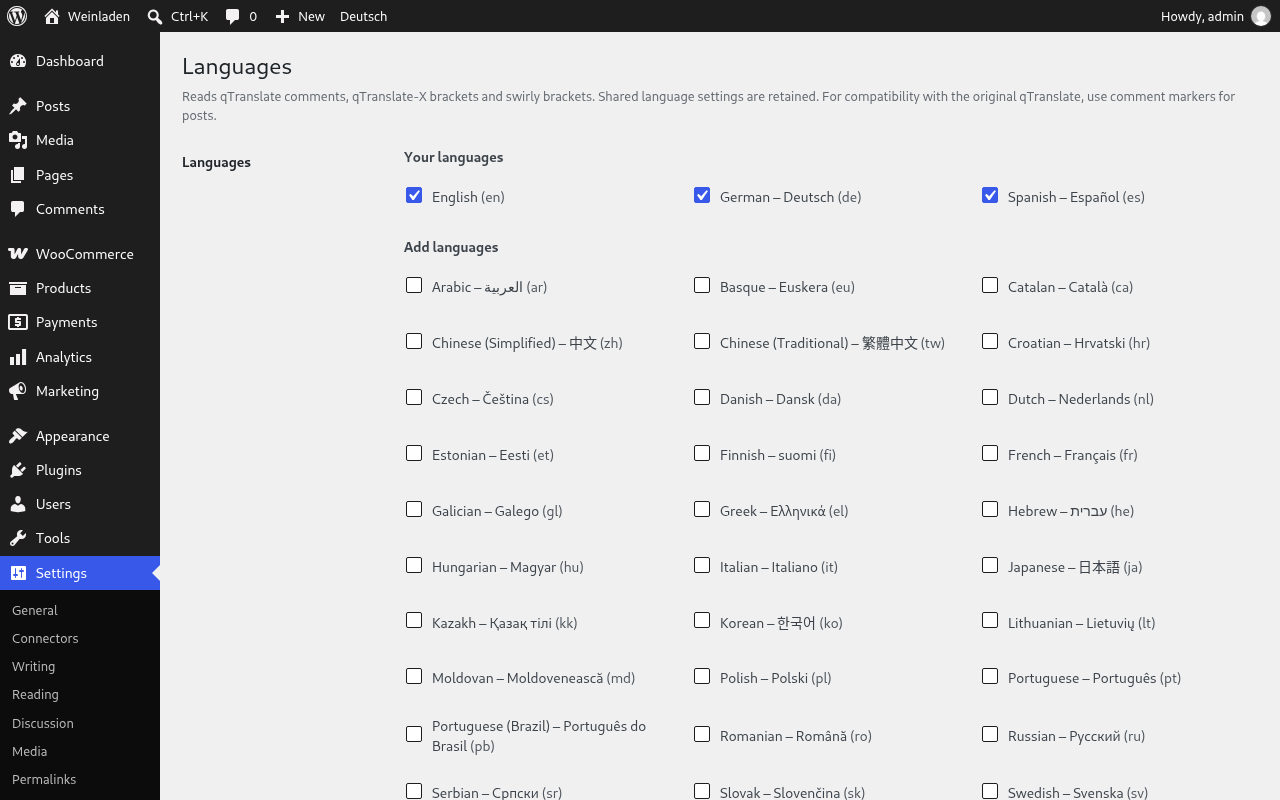 qTrad 4 qTrad, Settings > Languages with the language list