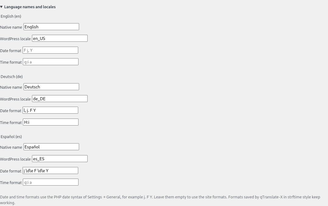 qTrad 8 qTrad, names, locales and date formats of each language