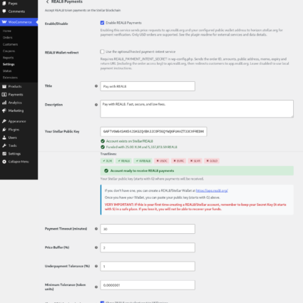 REAL8 Gateway settings page: public Stellar address with account, funding and trustline status