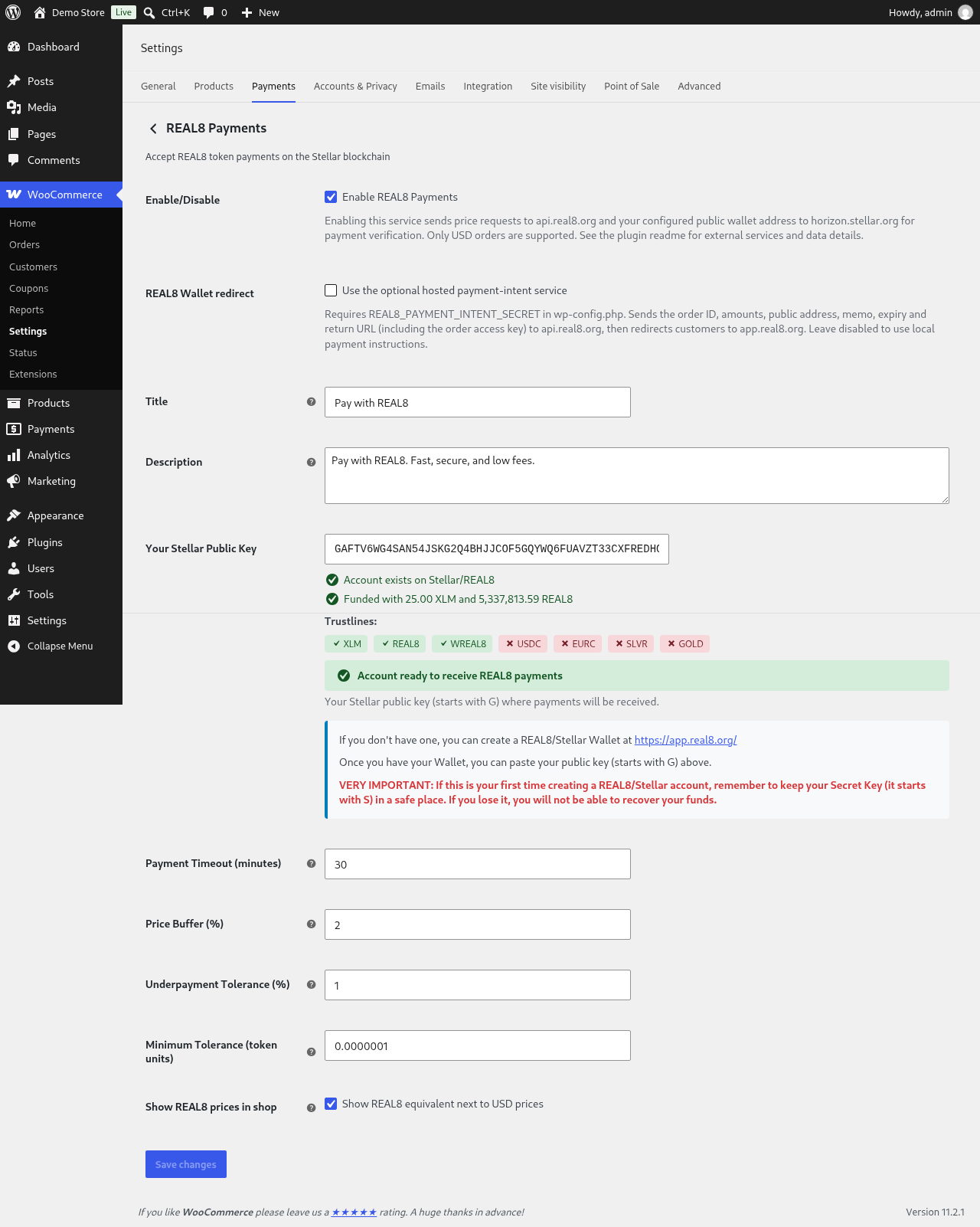 REAL8 Gateway 2 REAL8 Gateway settings page: public Stellar address with account, funding and trustline status