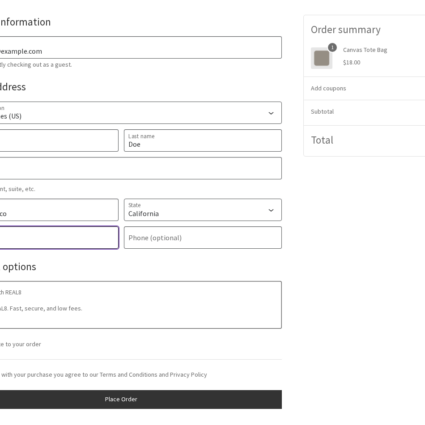 WooCommerce Checkout block with Pay with REAL8 selected