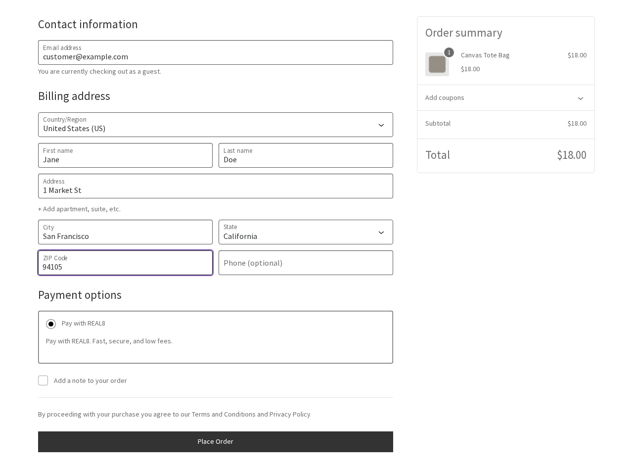 REAL8 Gateway 3 WooCommerce Checkout block with Pay with REAL8 selected