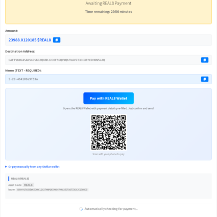 Payment instructions after placing the order: amount, address, memo, QR code and countdown