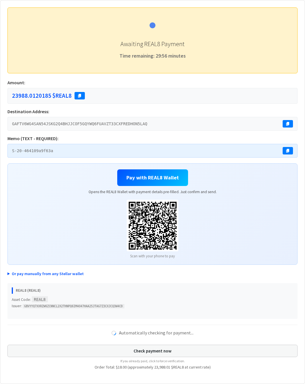 REAL8 Gateway 4 Payment instructions after placing the order: amount, address, memo, QR code and countdown