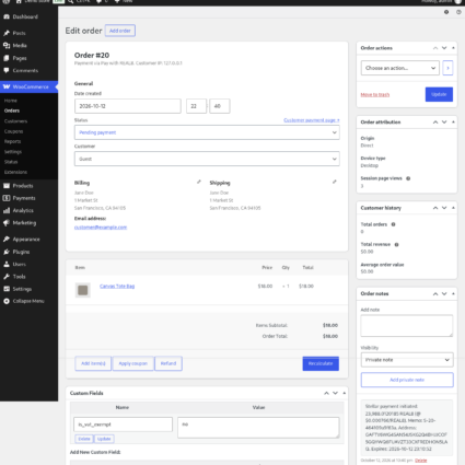 WooCommerce order with the REAL8 payment note: quoted amount, price, memo, address and expiry