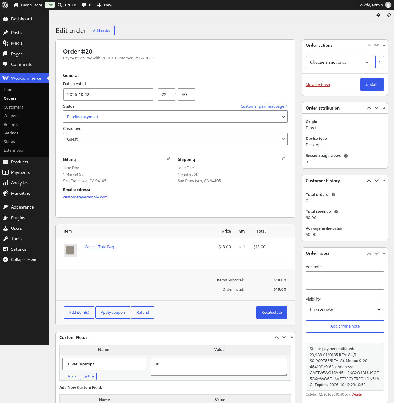 REAL8 Gateway 6 WooCommerce order with the REAL8 payment note: quoted amount, price, memo, address and expiry